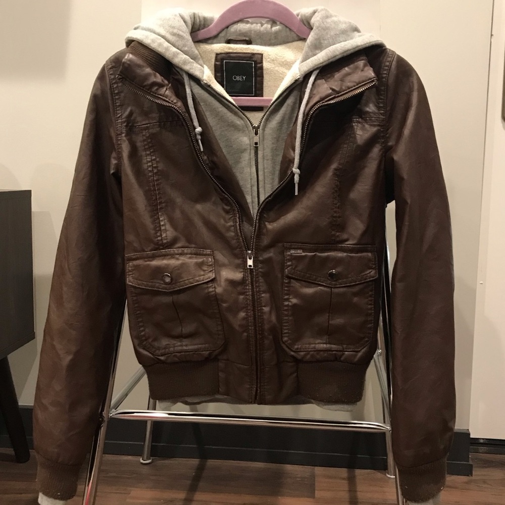 Obey hoodie-lined vegan leather jacket